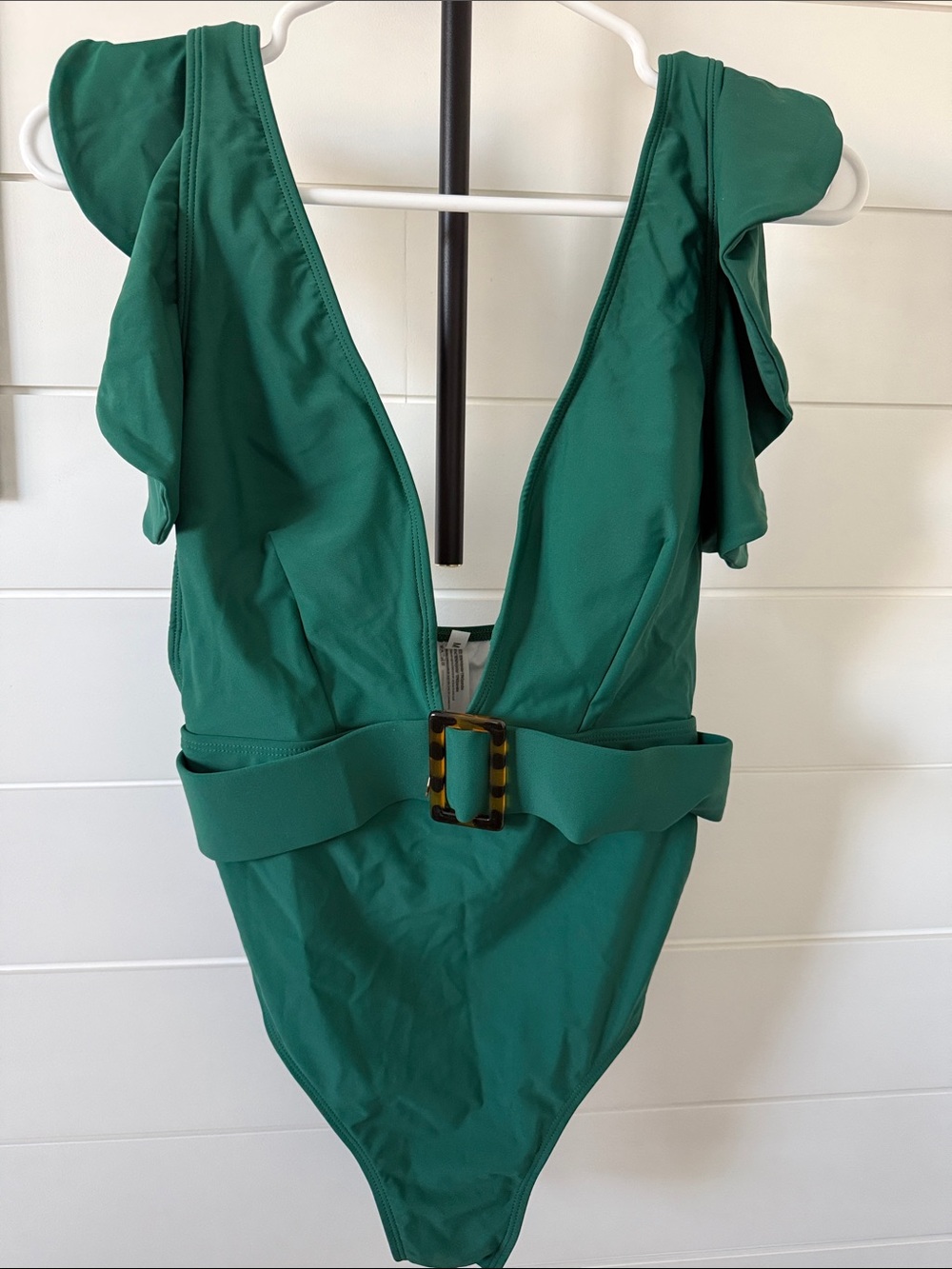 Women’s Green One-Piece Swimsuit with Ruffle Shoulders and Belt